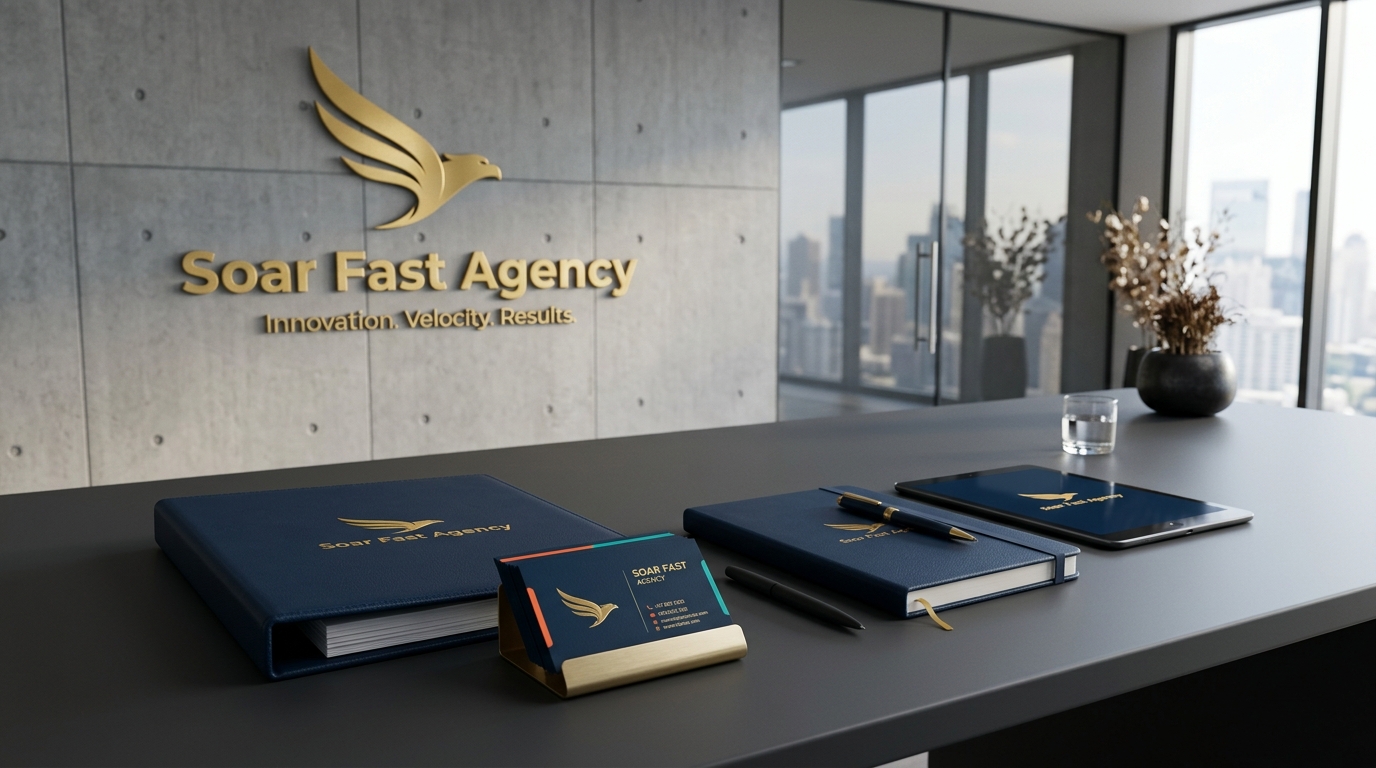 ระบบอัตลักษณ์แบรนด์ Soar Fast Agency พร้อมโลโก้และชุดสีหลัก
